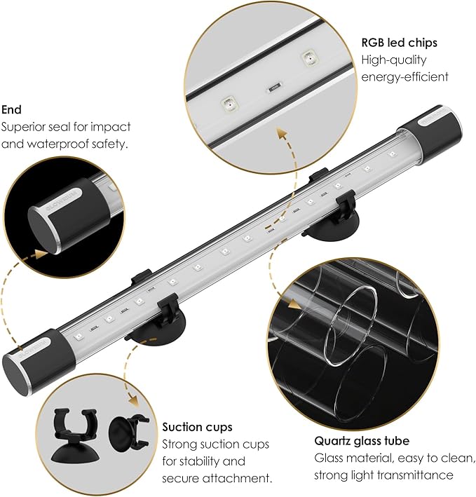 Aquarium Lights, Underwater LED Full Spectrum Aquarium Lights, IP68 Double Waterproof Submersible Aquarium Lights,10 Light Modes and infinitely dimmable, Aquarium Lights with Timer auto on/of GLOWRIUM