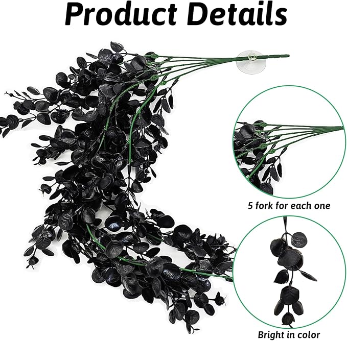 Hamiledyi Reptile Plants, 2 Pack Hanging Terrarium Plants, Artificial Leaves Habitat Decorations with Suction Cup, Fake Amphibian Plants for Bearded Dragon Lizard Hermit Crab Geckos Chameleon(Black) Hamiledyi