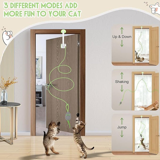 Cat Toy Interactive for Indoor Cats, Smart USB Rechargeable Door Hanging Automatic Retractable Kitten Toys, Teaser Electronic Self Play Feather Cat String Toy Attached with 3 Catnip Mice Green - PAWPICO