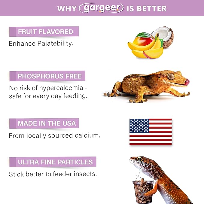 4oz Gecko Calcium with Vitamin D3, Phosphorus-Free, Ultrafine Powder. Ready to Use Supplement for Geckos and Fruit-Eating Reptiles. Pure Dust with Real Organic Fruits. Made in The USA Gargeer
