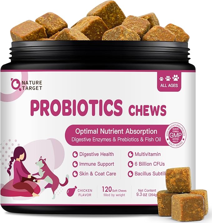 Probiotics for Dogs - Dog Probiotics and Digestive Enzymes for Digestive Health - Plus Fish Oil & Vitamins Supplement for Allergies & Immune & Itchy Skin, 120 Chicken Flavor Probiotic Soft Chews NATURETARGET