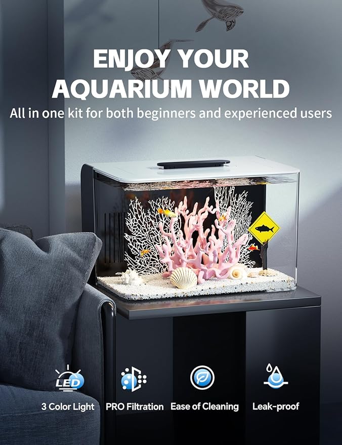 Betta Fish Tank, 2.5 Gallon Aquarium Kit with Filter, Light, Self Cleaning, Oxygenation, Small All in One Starter Fish Tank for Goldfish, Guppy, Shrimp, Desktop, Acrylic REDTAILFISH