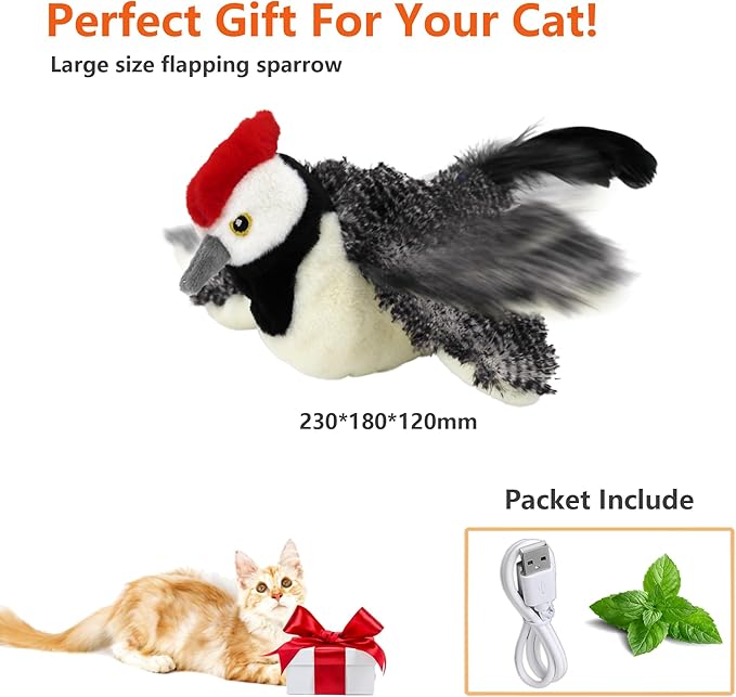 Flapping Bird Cat Toy, Rechargeable Lifelike Interactive Bird Cat Toys for Indoor Cats, Flapping Wings & Lively Chirping, Automatic Catnip Toys for Kitten Cats Self Play, Touch Activated - PAWPICO