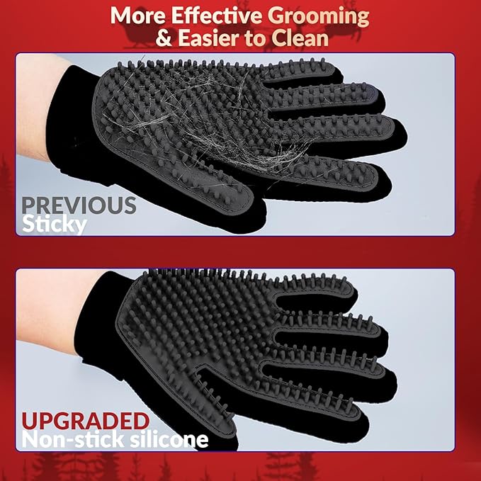 Upgrade Version Pet Grooming Glove - Gentle Deshedding Brush Glove for Dogs, Cats & Horses with Long and Short Fur - Efficient Pet Hair Remover Mitt - Enhanced Five Finger Design - 1 Pair (Black) - PAWPICO