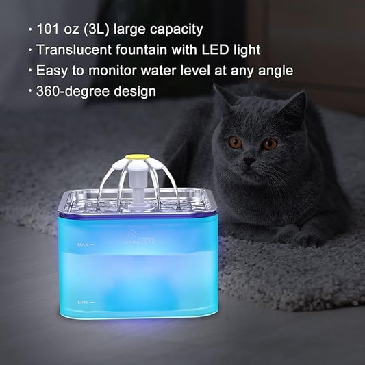 Crystal Cat Water Fountain Stainless Steel, 101oz/3L Pet Fountain with LED Light for Cats and Dogs (Green) - PAWPICO