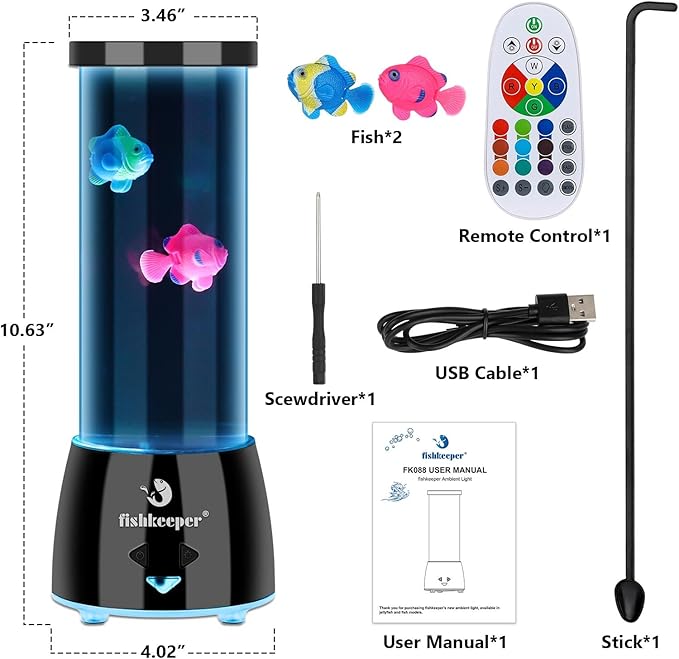 Jellyfish Lamp with 12 Color Changing and Remote Control,Jellyfish Aquarium Tank Night Light for Home Office Decor Gifts Mood Night Light Gift with USB for Kids Women Teens Adult(Fish) fishkeeper