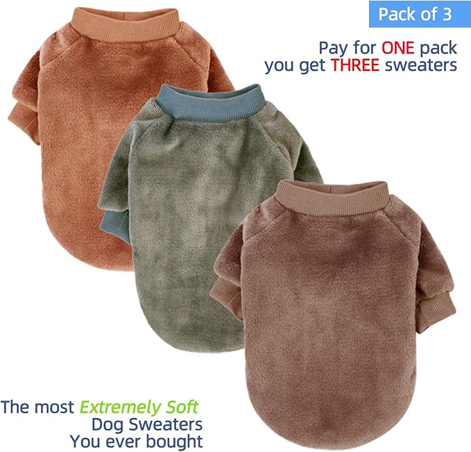 FabriCastle Dog Sweater, Pack of 2 or 3, Dog Clothes, Dog Coat, Dog Jacket for Small or Medium Dogs Boy or Girl, Ultra Soft and Warm Cat Pet Sweaters (Camel,Khaki,Olive, X-Small) - PAWPICO