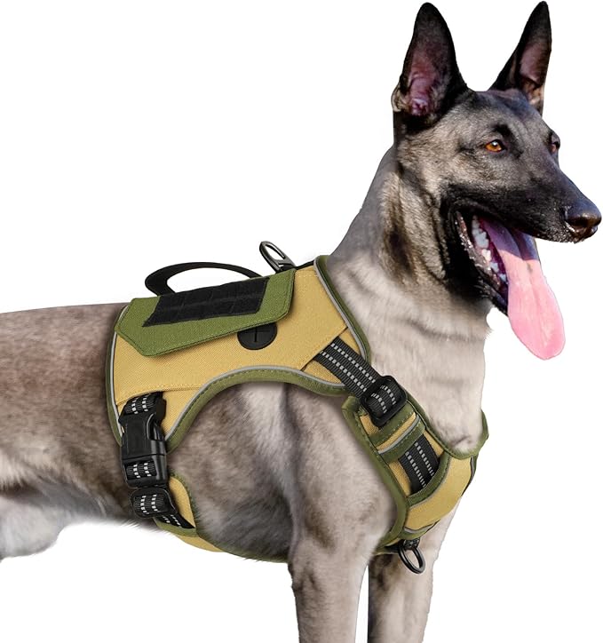WINGOIN Tactical Dog Harness for Large Dogs, No Pull Harness with Handle 2 Pockets Poop Bag, Reflective Dog Vest, Military Service Heavy Duty Big Dog Harness for Walking Hiking Training, Khaki, L WINGOIN
