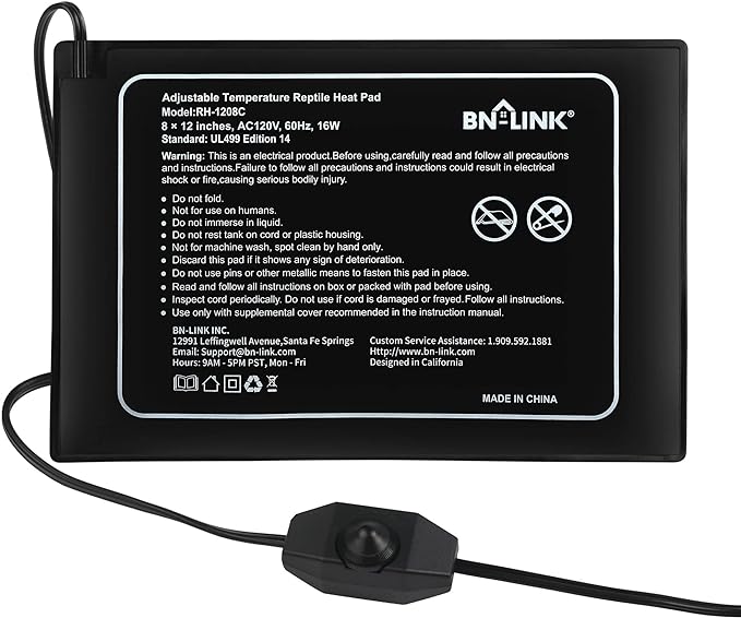 BN-LINK Reptile Heating Pad 8" X 12" with Adjust Knob, Adjustable Temperature Electric Indoor Under Tank Terrarium Heating Mat Waterproof for Turtles, Lizards, Frogs, and Other Reptiles BN-LINK