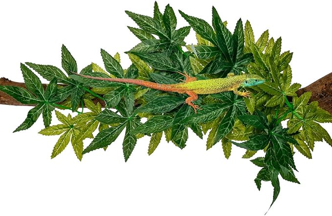 Reptile Silk Plants Leaves, Habitat Amphibian Accessories Enclosure Decor Tank Decoration Vines for Climbing, Decorate Grass Leaf with Suction Cup for Reptile & Amphibian Habitat Plants PAWPICO