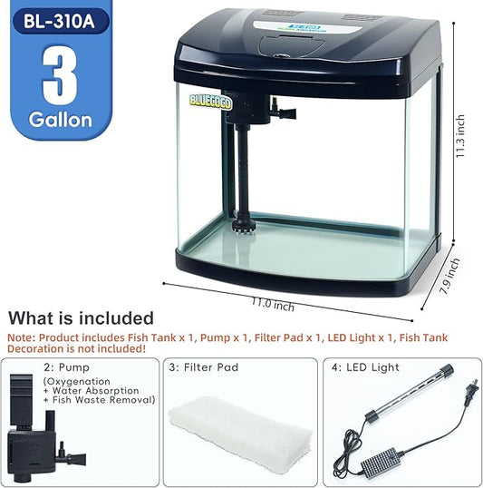 3 Gallon Glass Aquarium Starter Kit with Flip-Top Feeding Port for Betta Fish: Crystal Clear 360° Viewing, Eco-Cycle Filtration, Air Pump, and LED Lighting Bluecoco