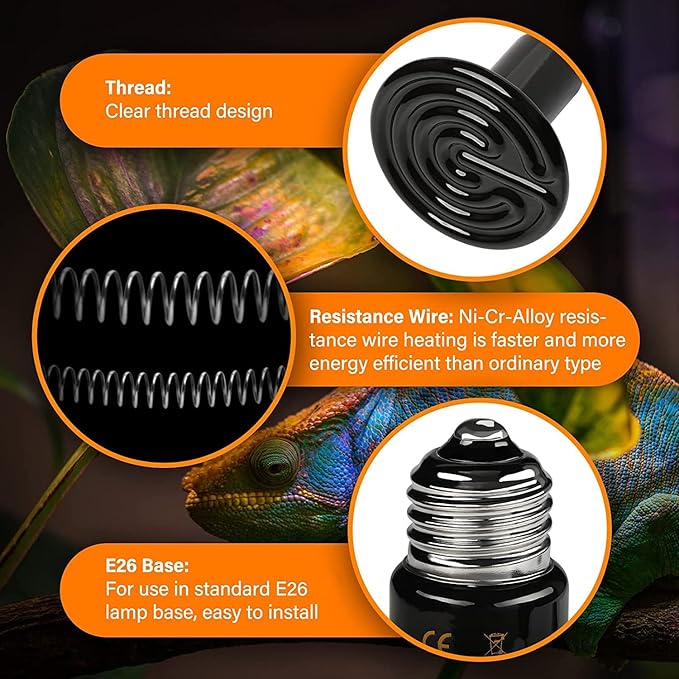 HealSmart Reptile Heat Lamp 100W Ceramic Heat Emitter, No Light Emitting Heat Bulbs for Amphibian Pet Brooder Coop Incubating Chicken, Lizard Bearded Dragon Turtle Snake Terrarium Black HealSmart