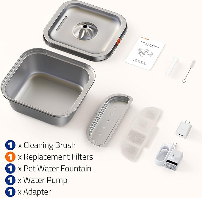 Cat Water Fountain Stainless Steel: 4L/140oz Pet Fountain Water Bowl Indoor, Automatic Dog Drinking Dispenser, Cat Feeding Watering Supplies, Metal Kitty Waterer Fountain, 1 Replacement Filters - PAWPICO