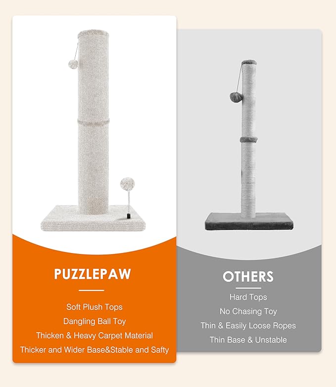 Carpet Craft Cat Scratching Post Heavy Duty for Indoor Large Cats and Adult Cats,Tall and Thicked Cat Scratch Post,Carpet Cat Tree Tower Scratcher with Interactivity Balls,Beige - PAWPICO