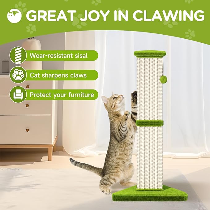 Cat Scratching Post 32 Inch Tall Cat Scratching Post for Indoor with 5 Inch Diameter Post and Ball Cat Scratcher for Medium and Large Cats - PAWPICO