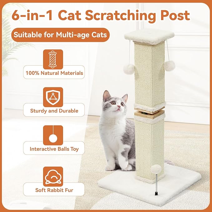 OTOB Cat Scratching Post 33 Inch, Nature Sisal Scratching Posts for Indoor Cats Adults Kitten, 6-in-1 Interactive Turntable Cat Scratch Post Protect Your Furniture, Large Cat Scratcher, Beige - PAWPICO