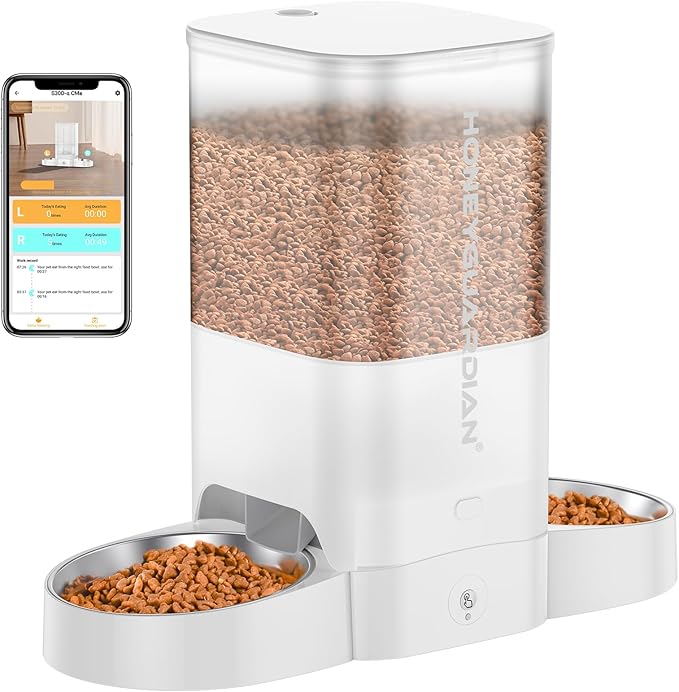 HoneyGuaridan 5L Automatic Cat Feeder for Two Cats, 2.4G WiFi Enabled Smart Feed Pet Feeder with Stainless Steel Bowl,APP Control Dispenser, Dual Power Supply,Desiccant Bag,10s Meal Call White - PAWPICO