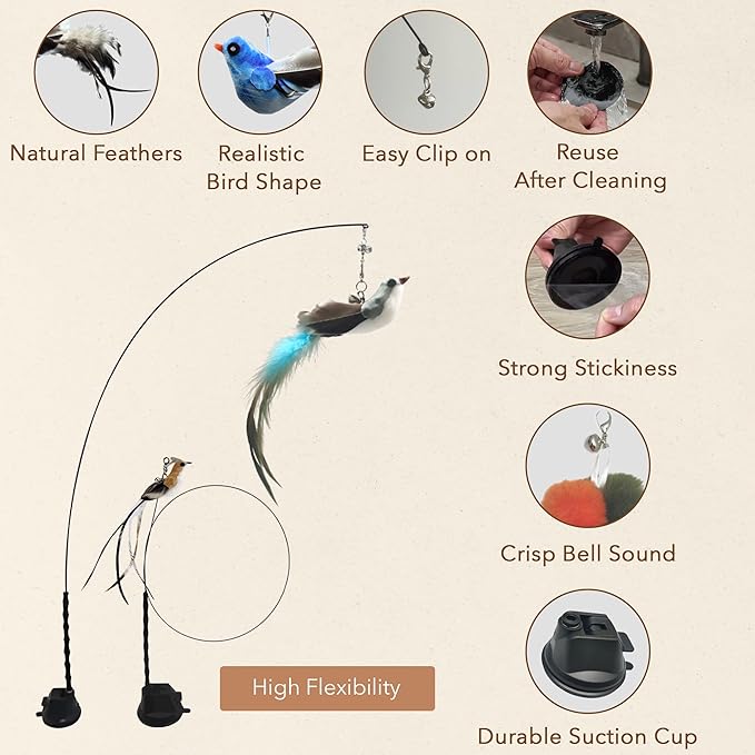 Interactive Bird Simulation Cat Feather Toy Set - Suction Cup Cat Toys for Indoor Cats, Natural Feathers, Bells & Easy Clip-On, Perfect for Indoor Cats - 2 Free Pads, Suctions to Ground - PAWPICO