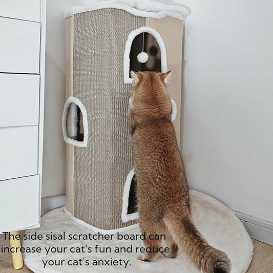 4-Level Cat House for Indoor Cats, Large Adult Cat Peekaboo Cave Bed Cats Cube Houses with Scratch Pad Cat Towers Cute Kitten Condo Hideaway Hut for Multi Pets Under 55 lbs Beige - PAWPICO