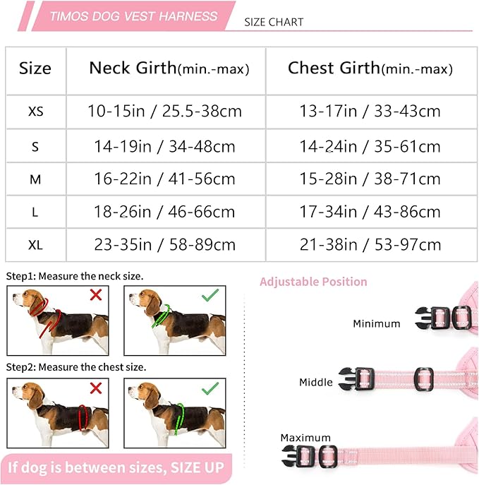 Timos Dog Harness, 3 Snap Buckles No-Pull Soft Padded Dog Vest with 2 Metal Leash Clips, Adjustable Reflective No Choke Pet Harness with Easy Control Handle for Small Dogs,Pale Pink,S Timos