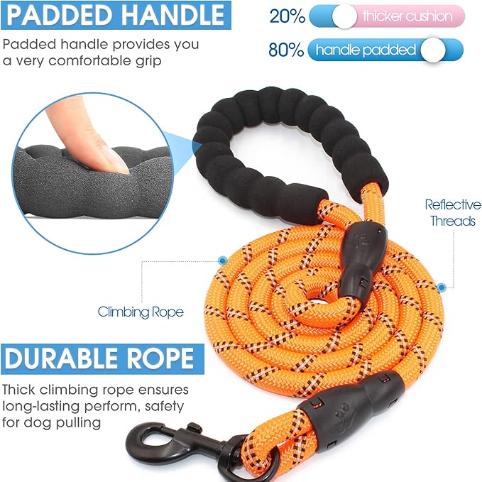 BAAPET 2/4/5/6 FT Dog Leash with Comfortable Padded Handle and Highly Reflective Threads for Small Medium and Large Dogs (5FT-1/2'', Orange) BAAPET