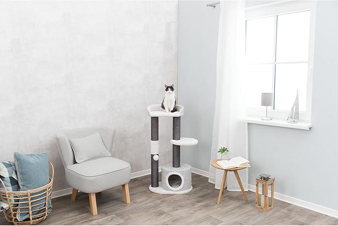 TRIXIE Pilar Cat Scratching Post 39.4 Inch - with Durable Sisal Rope (Gray) and Condo, Two Platforms, Top Platform with Backrest & Dangling Cat Toy - in Gray - PAWPICO