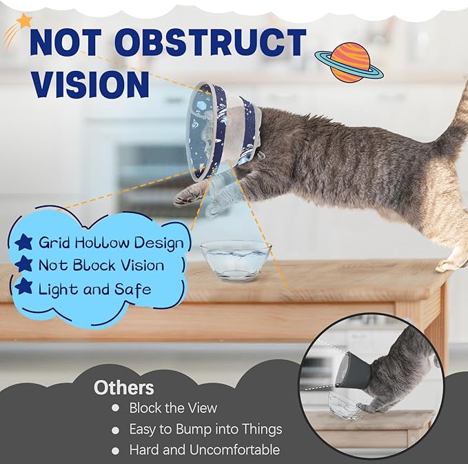 Cat Cone, Breathable Cat Cone Collar Soft, Adjustable Cat Cone to Stop Licking, Water Resistant Neck Cone for Cats with Air Mesh, Protective Cat Recovery E Collar for Cat Kitten(Star,M GoGoPaw