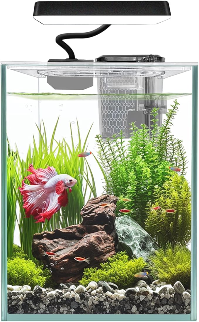 Ultra White Glass Betta Aquarium Starter Kits 1.5 Gallon Small Fish Tank, Betta Fish Tank with LED Light, Power Filter, 4mm Glass iPriro