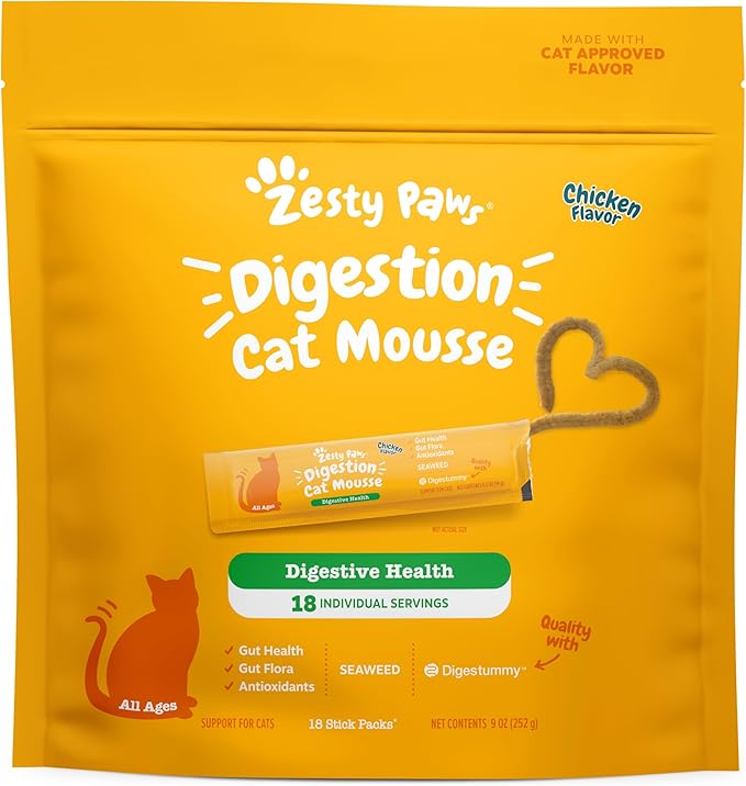 Zesty Paws Cat Mousse Squeezies Puree Cat Treats for Digestion - with Seaweed, Omega Fatty Acids, Antioxidants - Support for Digestive Health Cats - Chicken Flavor - 18 Count ZestyPaws