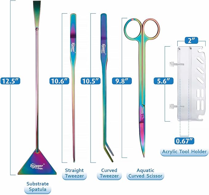 hygger 6-in-1 Long Aquarium Aquascaping Tools Kit, Color Stainless Steel Premium Aquatic Plant Tweezers Scissors Spatula Kit Comes with 1 Tool Holder and 1 Cleaning Cloth, for Fish Tank Starters hygger