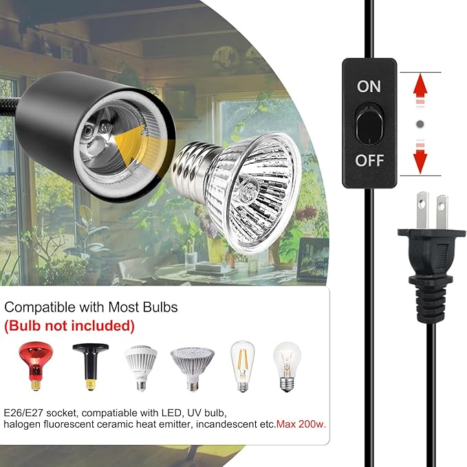 Reptile Heat Lamp 2 Pack Turtle Lamp with 240cm Cord Turtle Aquarium Light with 40cm Stable Gooseneck Turtle Aquarium Tank Heating Lamps with Clamp for Reptiles Lizard Turtle Snake(No Bulb) WTETMYL