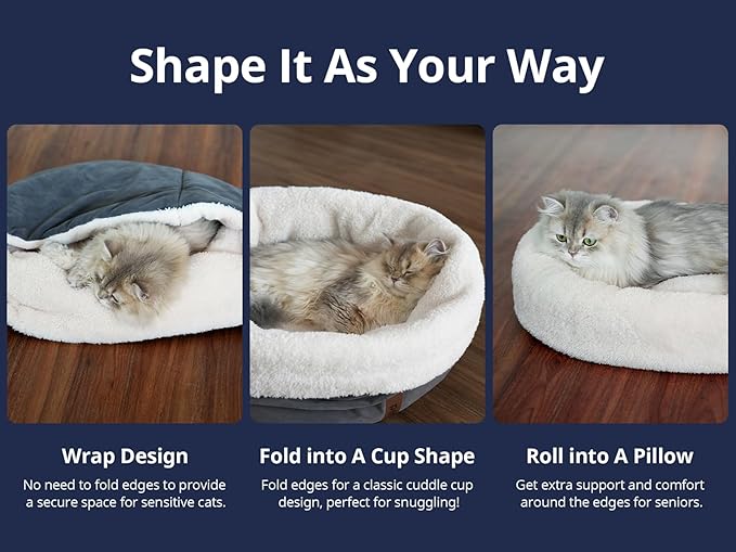 Self Warming Cat Bed, 17.7" x 13.7" Anti-Slip Soft Round Thermal Pet Cushion Bed for Kittens & Small Puppy, Gray - PAWPICO