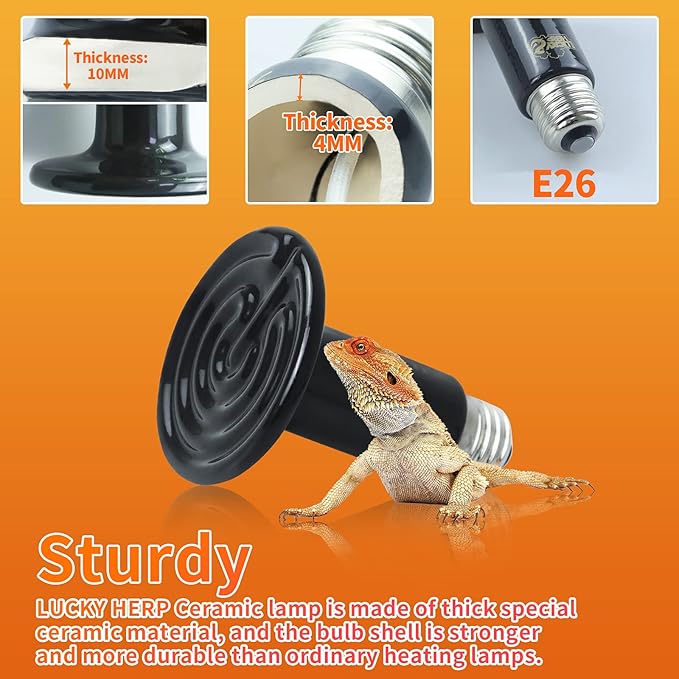 LUCKY HERP 50W Ceramic Heat Emitter, Reptile Heat Bulbs, Ceramic Heat Lamp for Reptiles, Amphibian, Chicken, Dog, Cat (2-Pack) LUCKYHERP