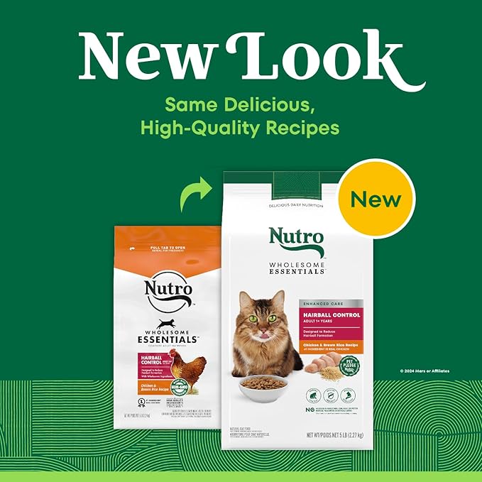NUTRO WHOLESOME ESSENTIALS Natural Dry Cat Food, Hairball Control Adult Cat Chicken & Brown Rice Recipe Cat Kibble, 5 lb. Bag - PAWPICO