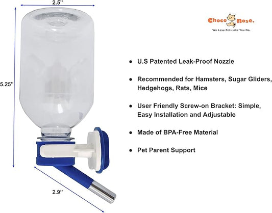 Choco Nose Patented Mini No-Drip Water Bottle/Feeder for Hamsters/Hedgehogs/Gliders/Rats/Mice/Other Small Pets and Animals - for Cages, Crates or Wall Mount. 10.2oz. Nozzle 10mm, Blue (C125) ChocoNosePetSupplyWeLovePetsLikeYouDo
