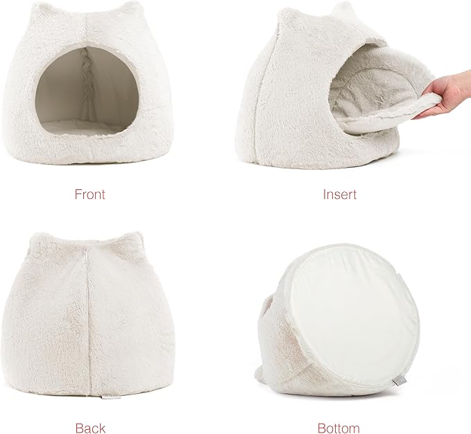 Best Friends by Sheri Meow Hut in Fur Cover Dome Cat and Dog Bed, Ivory, Small - PAWPICO