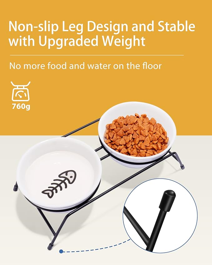 Cat Bowls, Upgraded 13 oz Ceramic Elevated Cat Food Bowls for Food and Water, Raised 2 Cat Dishes with Stainless Steel Stand Non-Slip and Anti-Rust, for Indoor Cats and Small Dog Bowl, Dishwasher Safe - PAWPICO