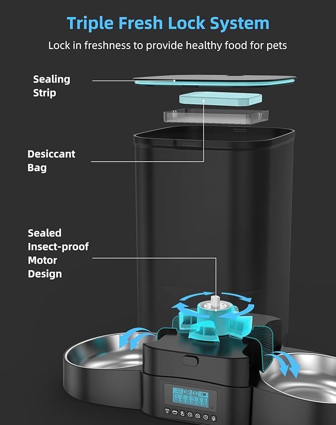 HoneyGuaridan 5L Automatic Cat Feeder for Two Cats, Cat Food Dispenser with Stainless Steel Bowl,Timed Cat Feeder Programmable 1-6 Meals Control, Dual Power Supply,Desiccant Bag,10s Meal Call Black - PAWPICO