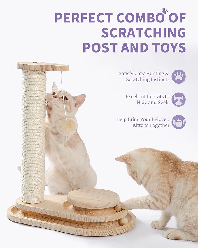 Made4Pets Cat Scratching Post Cat Scratcher Kitten Toys for Indoor Cats Wooden Ball Track Two-Layer Modern Sisal 17.7" Tall Scratch Post Interactive Toy with Dangling Ball - PAWPICO