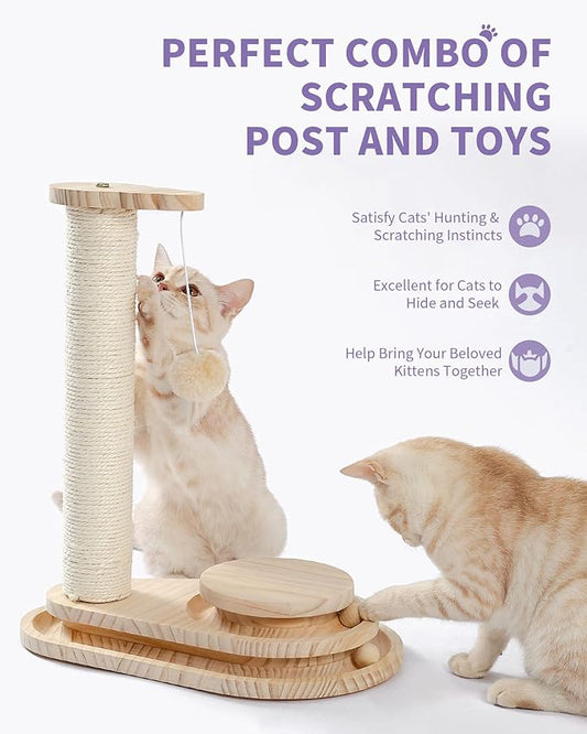 Made4Pets Cat Scratching Post Cat Scratcher Kitten Toys for Indoor Cats Wooden Ball Track Two-Layer Modern Sisal 17.7" Tall Scratch Post Interactive Toy with Dangling Ball - PAWPICO
