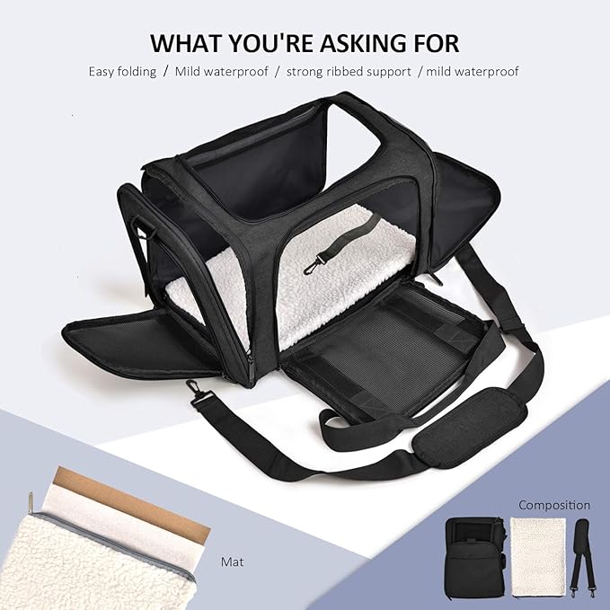 Henkelion Large Soft Sided Cat and Pet Carrier for Cats and Puppies up to 25Lbs - Collapsible, Waterproof Travel Carrier - Black - PAWPICO