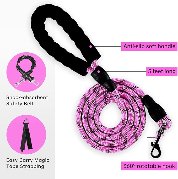 IVY&LANE No Pull Dog Harness for Medium Dogs, Dog Vest Harness with Leash, Safety Belt and Storage Strap, Fully Adjustable Harness, 360° Reflective Strip, Soft Handle (Fuchsia Pink,M) IVYLANE