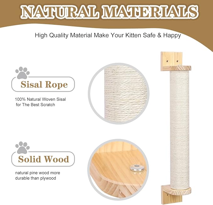Wall Mounted Cat Scratching Post - 21'' Wooden Sisal Cat Scratcher,Hemp Rope Scratcher Posts for Indoor Cats or Kittens- Cute Modern Wall Mounted Cat Furniture - PAWPICO