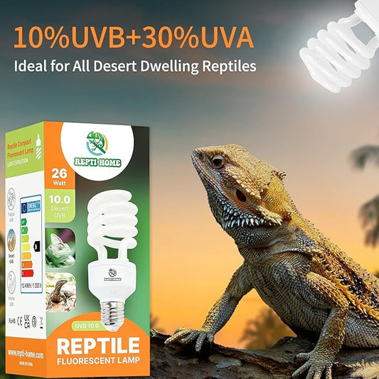 UVB Reptile Light 10.0, 26W Desert UVA UVB Bulb for Reptiles, Compact Desert Terrarium Lamp, Reptile UVB Light Bulb for Bearded Dragon, Lizard, Tortoise, Snake, Gecko REPTIHOME