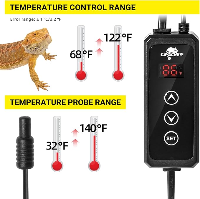 Dimming Thermostat Reptile, Thermostat for Reptile Heat Lamp Mats Bulbs, PID Temperature Controller for Reptile Amphibian Habistat, Memory Function, LED Digital Screen, Sensitive Probe, 300W CAVACHEWReptileSupplies