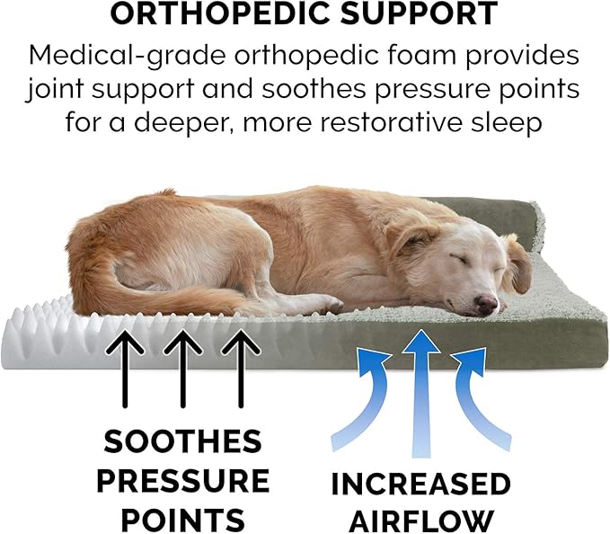Furhaven Orthopedic Dog Bed for Large Dogs w/ Removable Bolsters & Washable Cover, For Dogs Up to 95 lbs - Two-Tone Plush Faux Fur & Suede L Shaped Chaise - Dark Sage, Jumbo/XL - PAWPICO
