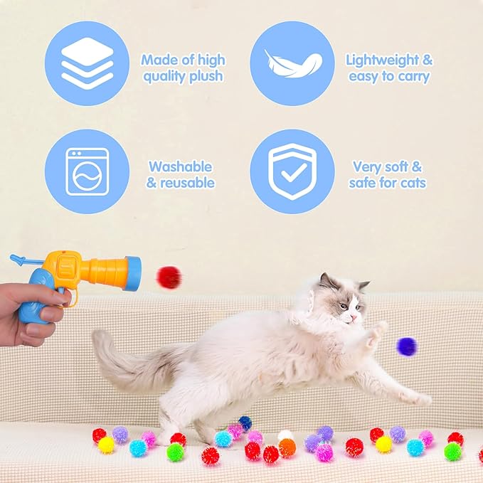 BooTaa Pet Toys, Interactive Cat Toy Set, 80pcs Glitter Pom-Poms Cat Ball Toy with 1 Launcher, Safe Soft Cat Toy Balls for Fetch, Training, Playing - PAWPICO