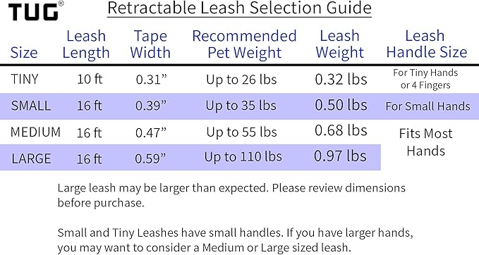 TUG Tiny 360° Tangle-Free Retractable Dog Leash with Anti-Slip Handle | 10 ft Nylon Tape| One-Handed Brake, Pause, Lock (White) TUG