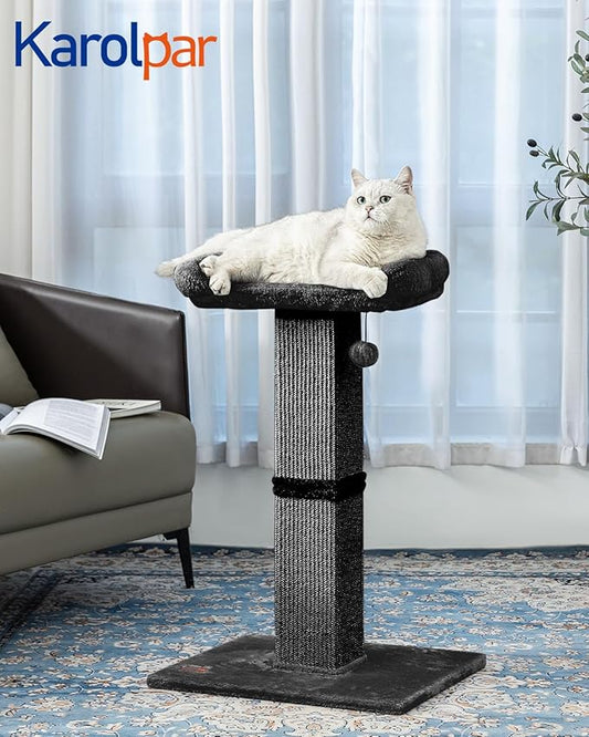 32" Cat Scratching Post for Indoor Cats, Sisal Cat Scratcher with Plush Perch, Large Scratch Post with Bed, Removable Cover, Sisal Fabric,Black - PAWPICO