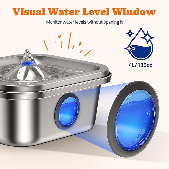 Cat Water Fountain Stainless Steel, 4L/135oz Cat Fountain, Automatic Dog Drinking Dispenser with Water Level Window, 10 Filters, Metal Pet Water Bowl Indoor, Quiet Pump, Easy Cleaning - PAWPICO
